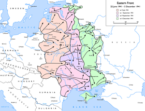 The eastern front at the time of the Battle of Moscow: &nbsp;&nbsp;&nbsp;&nbsp;&nbsp;Initial Wehrmacht advance &mdash; to 9 July 1941 &nbsp;&nbsp;&nbsp;&nbsp;&nbsp;Subsequent advances &mdash; to 1 September 1941 &nbsp;&nbsp;&nbsp;&nbsp;&nbsp;Encirclement and battle of Kiev &shy; to 9 September 1941 &nbsp;&nbsp;&nbsp;&nbsp;&nbsp;Final Wehrmacht advance &mdash; to 5 December 1941
