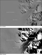 Low and high contrast images of the Byrd Glacier. The low-contrast version is similar to the level of detail the naked eye would see &mdash; smooth and almost featureless. The bottom image uses enhanced contrast to highlight flow lines on the ice sheet and bottom crevasses.