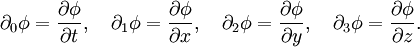 \partial_0 \phi = \frac{\partial \phi}{\partial t}, \quad \partial_1 \phi = \frac{\partial \phi}{\partial x}, \quad \partial_2 \phi = \frac{\partial \phi}{\partial y}, \quad \partial_3 \phi = \frac{\partial \phi}{\partial z}.