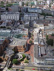 Looking across the Broadmead Shopping Centre from a balloon at 500&nbsp;feet (150&nbsp;m)