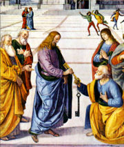This detail of a fresco (1481&ndash;82) by Pietro Perugino in the Sistine chapel shows Jesus giving the keys of heaven to Saint Peter.