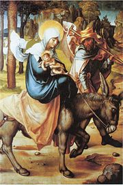 Mary, Joseph, and the child Jesus during the flight into Egypt are depicted in a panel from Albrecht D&uuml;rer's Seven Sorrows of the Virgin (c.&nbsp;1494&ndash;97).