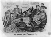 &ldquo;Running the &lsquo;Machine&rsquo;&rdquo;: An 1864 political cartoon featuring Lincoln; William Fessenden, Edwin Stanton, William Seward and Gideon Welles take a swing at the Lincoln administration