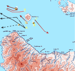 Second phase of the engagement, 23:30&ndash;02:00.  Red lines are Japanese warship forces and black lines are U.S. warships.  Numbered yellow dots represent sinking warships.