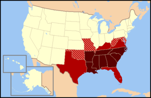 Modern definition The states in dark red are almost always included in modern day definitions of the South, while those in medium red are usually included. Maryland and Missouri are occasionally considered Southern, while Delaware is only rarely considered part of the South. Oklahoma is sometimes considered Southern because the area of Oklahoma, then known as Indian Territory, was allied with the Confederacy. West Virginia is often considered Southern, because it was once part of Virginia.