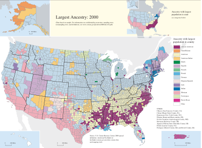 Plurality ancestry per US county, 2000: German English Norwegian Finnish Dutch Mexican Spanish Native "American" African American Irish French Italian