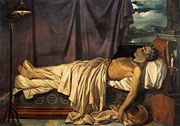 Lord Byron on his deathbed as depicted by Joseph-Denis Odevaere c.1826 Oil on canvas, 166 &times; 234.5 cm Groeninge Museum, Bruges. Note the sheet covering his misshapen right foot.