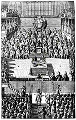 Print depicting the trial of Charles I (1600-1649) in 1649. Although most Puritans opposed putting Charles on trial, the Independents in the New Model Army insisted on Charles' trial and execution, and purged the Long Parliament so that the trial and execution could go ahead.