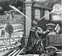 Frontispiece of Eikon Basilike, a book purportedly by King Charles, but likely ghost-written by John Gauden (1605-1662) and which appeared immediately after Charles' execution in January 1649. Eikon Basilike portrayed Charles as a Christian saint who had been martyred for defending episcopacy in the Church of England against Puritan fanatics.