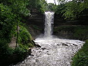 Minnehaha Falls is part of a 193&nbsp;acres (78&nbsp;ha) city park rather than an urban area, because its waterpower was overshadowed by that of St. Anthony Falls a few miles upriver.