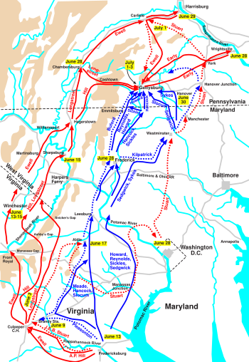 Gettysburg Campaign (through July 3); cavalry movements shown with dashed lines. &nbsp;&nbsp;&nbsp;&nbsp;&nbsp;Confederate &nbsp;&nbsp;&nbsp;&nbsp;&nbsp;Union