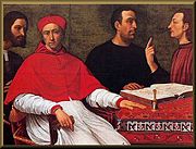 Machiavelli (center right) depicted with: (from left to right) Cesare Borgia, Pedro Luis de Borja Lanzol de Roman&iacute;, and Don Micheletto Corella