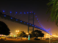 A view of the Vincent Thomas Bridge reaching Terminal Island