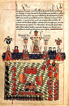 A medi&aelig;val manuscript, showing the Parliament of England in front of the king c. 1300