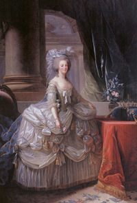 Marie Antoinette in a court dress of 1779 worn over extremely wide panniers. Portrait by Mme Vig&eacute;e-Lebrun.