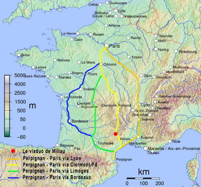 The four route options for Perpignan&ndash;Paris