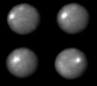 Hubble Space Telescope images of Ceres, taken in 2003/4 with a resolution of about 30 km. The nature of the bright spot is uncertain.