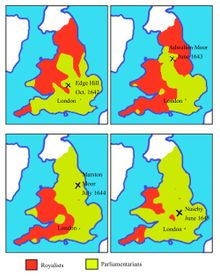 Maps of territory held by Royalists (red) and Parliamentarians (green), 1642 &mdash; 1645