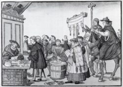 The sale of indulgences shown in A Question to a Mintmaker, woodcut by J&ouml;rg Breu the Elder of Augsburg, circa 1530.