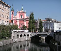 Triple Bridge above the Ljubljanica River and Pre&scaron;eren Square