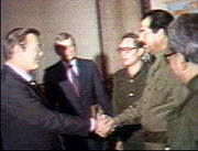 Donald Rumsfeld meets Saddam Hussein on 19&ndash;20 December 1983. Rumsfeld visited again on 24 March 1984, the day the UN reported that Iraq had used mustard gas and tabun nerve agent against Iranian troops. The New York Times reported from Baghdad on 29 March 1984, that "American diplomats pronounce themselves satisfied with Iraq and the U.S., and suggest that normal diplomatic ties have been established in all but name."