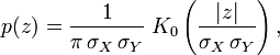 p(z) = \frac{1}{\pi\,\sigma_X\,\sigma_Y} \; K_0\left(\frac{|z|}{\sigma_X\,\sigma_Y}\right),