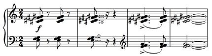 Example of piano tone clusters. The clusters in the upper staff&mdash;C♯ D♯ F♯ G♯&mdash;are four successive black keys. The last two bars, played with overlapping hands, are a more dense cluster.