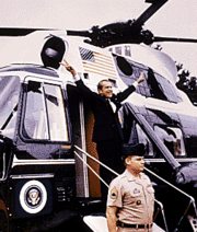 President Richard Nixon departing the White House on August 9, 1974, shortly before his resignation took effect. Felt's leaks to Woodward spurred the investigations that led to his resignation.
