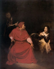 Joan interrogated in her prison cell by the cardinal of Winchester. By Hippolyte Delaroche, 1824, Mus&eacute;e des Beaux-Arts, Rouen, France.