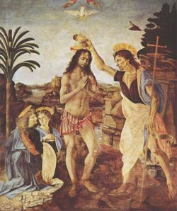 The Baptism of Christ (1472&ndash;1475)&mdash;Uffizi, by Verrocchio and Leonardo