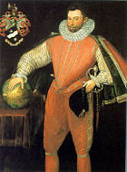 Sir Francis Drake, circa 1581. This portrait may have been copied from Hilliard's miniature&mdash;note that the shirt is the same &mdash; and the somewhat oddly proportioned body added by an artist who did not have access to Drake. National Portrait Gallery, London.