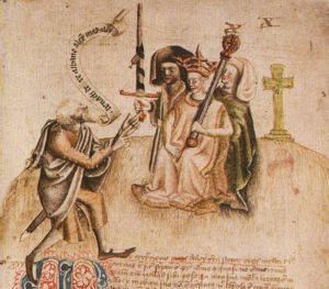Coronation of King Alexander on Moot Hill, Scone. He is being greeted by the ollamh r&iacute;gh, the royal poet, who is addressing him with the proclamation "Benach De Re Albanne" (= Beannachd D&eacute; R&iacute;gh Alban, "God Bless the King of Scotland"); the poet goes on to recite Alexander's genealogy.