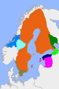 The Swedish Empire following the Treaty of Roskilde of 1658. Dominions in Prussia, held from 1629 to 1635, do not appear on this map.  &nbsp;&nbsp;&nbsp;&nbsp;&nbsp;Sweden proper  &nbsp;&nbsp;&nbsp;&nbsp;&nbsp;Kexholm County  &nbsp;&nbsp;&nbsp;&nbsp;&nbsp;Swedish Ingria  &nbsp;&nbsp;&nbsp;&nbsp;&nbsp;Swedish Estonia  &nbsp;&nbsp;&nbsp;&nbsp;&nbsp;Livonia  &nbsp;&nbsp;&nbsp;&nbsp;&nbsp;Swedish Pomerania, Abp Bremen and Bp Verden  &nbsp;&nbsp;&nbsp;&nbsp;&nbsp;Scania, Blekinge, Halland, Gotland and Bohusl&auml;n  &nbsp;&nbsp;&nbsp;&nbsp;&nbsp;Tr&oslash;ndelag and M&oslash;re og Romsdal  &nbsp;&nbsp;&nbsp;&nbsp;&nbsp;J&auml;mtland, H&auml;rjedalen, Idre & S&auml;rna 