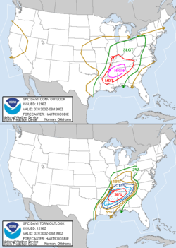 Probabilistic maps issued by the Storm Prediction Center during the heart of the April 6-8, 2006 Tornado Outbreak.  The top map indicates the risk of general severe weather (including large hail, damaging winds, and tornadoes), while the bottom map specifically shows the percent risk of a tornado forming within 25&nbsp;miles (40&nbsp;km) of any point within the enclosed area.  The hashed area on the bottom map indicates a 10% or greater risk of an F2 or stronger tornado forming within 25&nbsp;miles (40&nbsp;km) of a point.