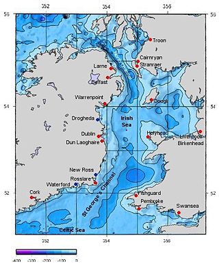 Relief map of the Irish Sea. Freight and passenger ports shown as red dots. Freightonly ports as blue dots