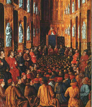Pope Urban II at the Council of Clermont. Illumination from the Livre des Passages d'Outre-mer, of c 1490 (Biblioth&egrave;que National)