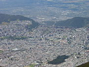 Northern Quito as seen from the Telef&eacute;riqo (Aerial tramway) Station at Cruz Loma (part of the Pichincha mountain complex at about 13,123 ft; 4,000 m, ). Lots of buildings (10 or more stories) have been constructed around the financial center of the city throughout the last 35 years.