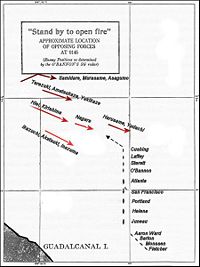 Position of Japanese and U.S. ships at 01:45 on November 13. Both sides opened fire at 01:48 as the formations of the two adversaries intermingled and then quickly disintegrated into a confused free-for-all.