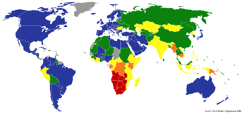 World TB incidence. Cases per 100,000; Red = >300, orange = 200&ndash;300; yellow = 100&ndash;200; green 50&ndash;100; blue = <50 and grey = n/a. Data from WHO, 2006.